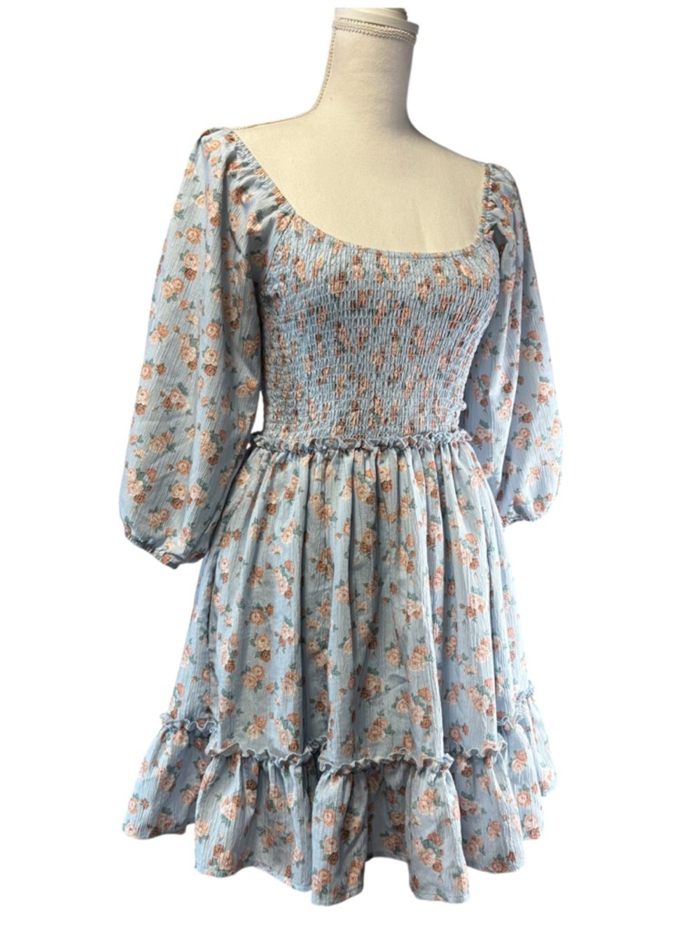 Alter’d State Sky Blue Floral Smocked Puff-Sleeve Spring Dress